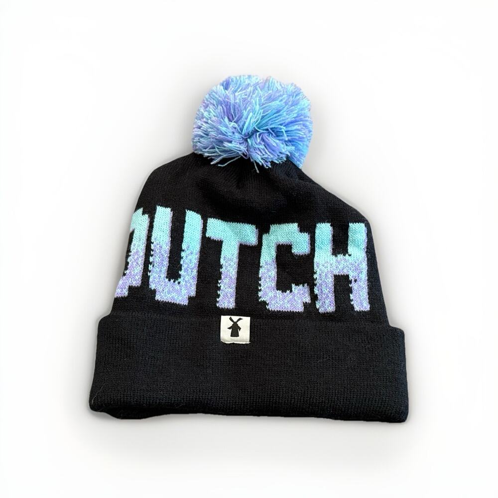 Dutch Bros Womens Black Beanie Knit Winter Hat With Blue Purple Pom 100% Acrylic